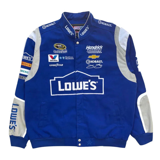 Vintage blue Lowe’s #48 NASCAR racing jacket featuring white and silver panels, racing graphics, sponsor patches, and a snap-button front closure on a white background.