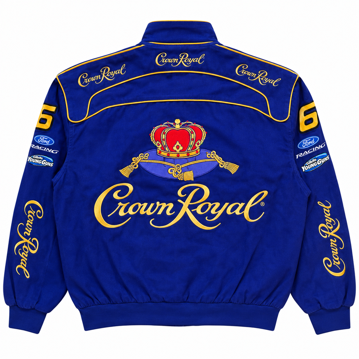 Blue Crown Royal NASCAR racing jacket back view featuring large Crown Royal graphics, embroidered-style crown design, and gold detailing.