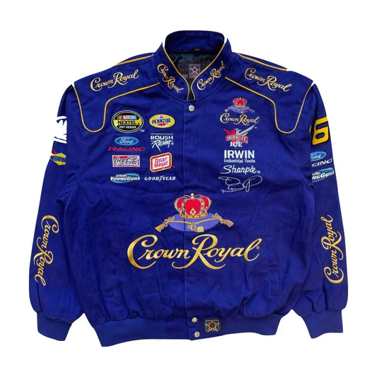 Vintage Crown Royal NASCAR racing jacket front view in royal blue and gold with sponsor patches and retro motorsport graphics