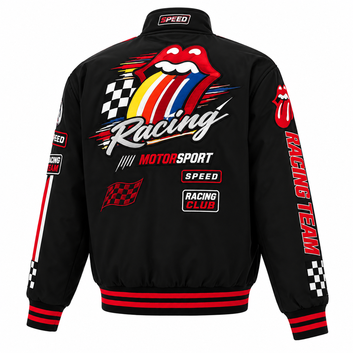 Back view of a vintage motorsport jacket showcasing its racing-inspired graphic design and bomber silhouette.