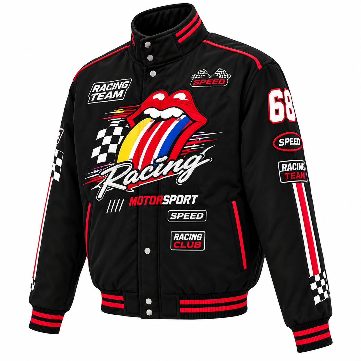 Vintage motorsport racing jacket featuring bold red and white racing graphics on a black bomber jacket.