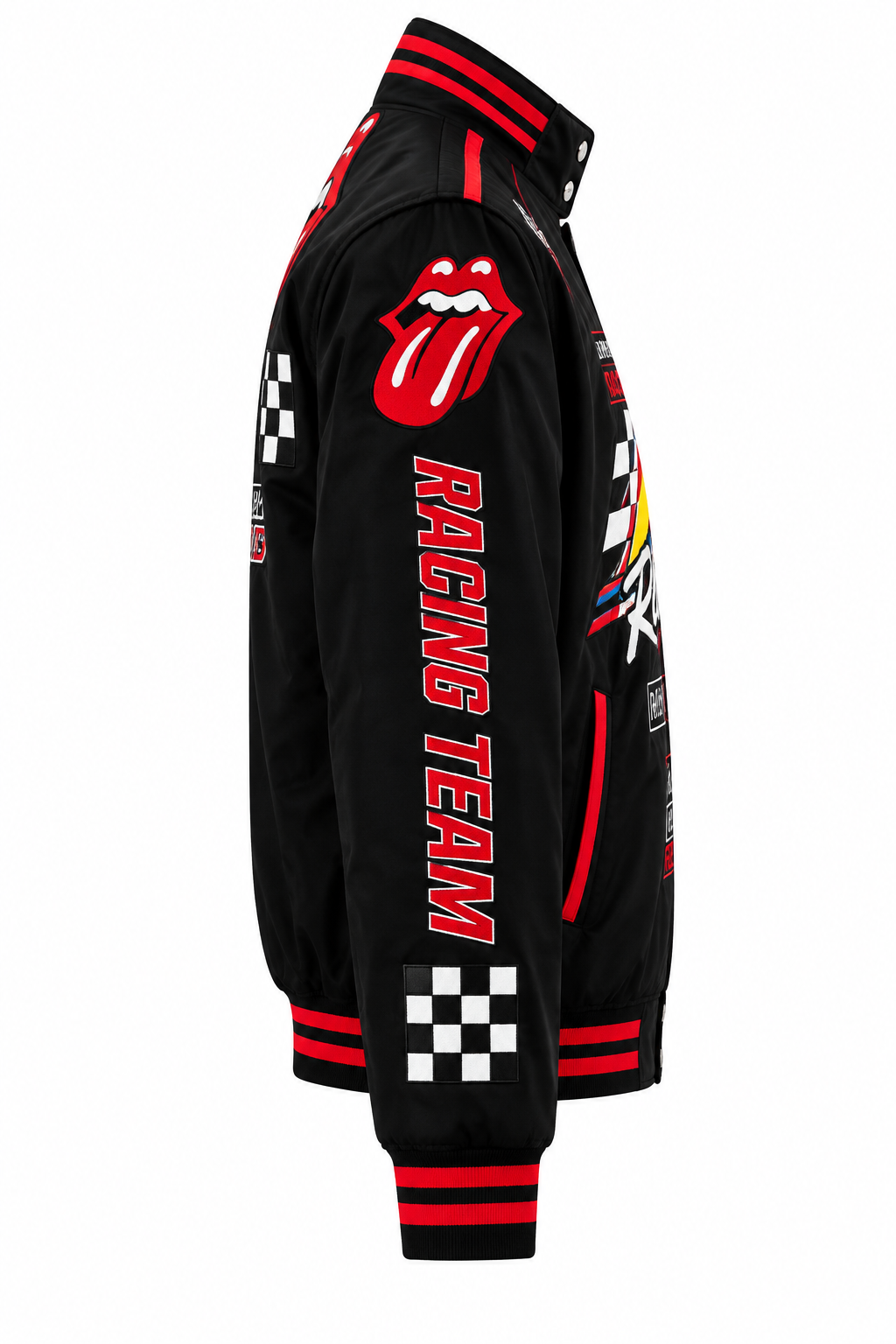 Side view of a vintage racing bomber jacket with contrasting red stripes and retro motorsport-inspired details.