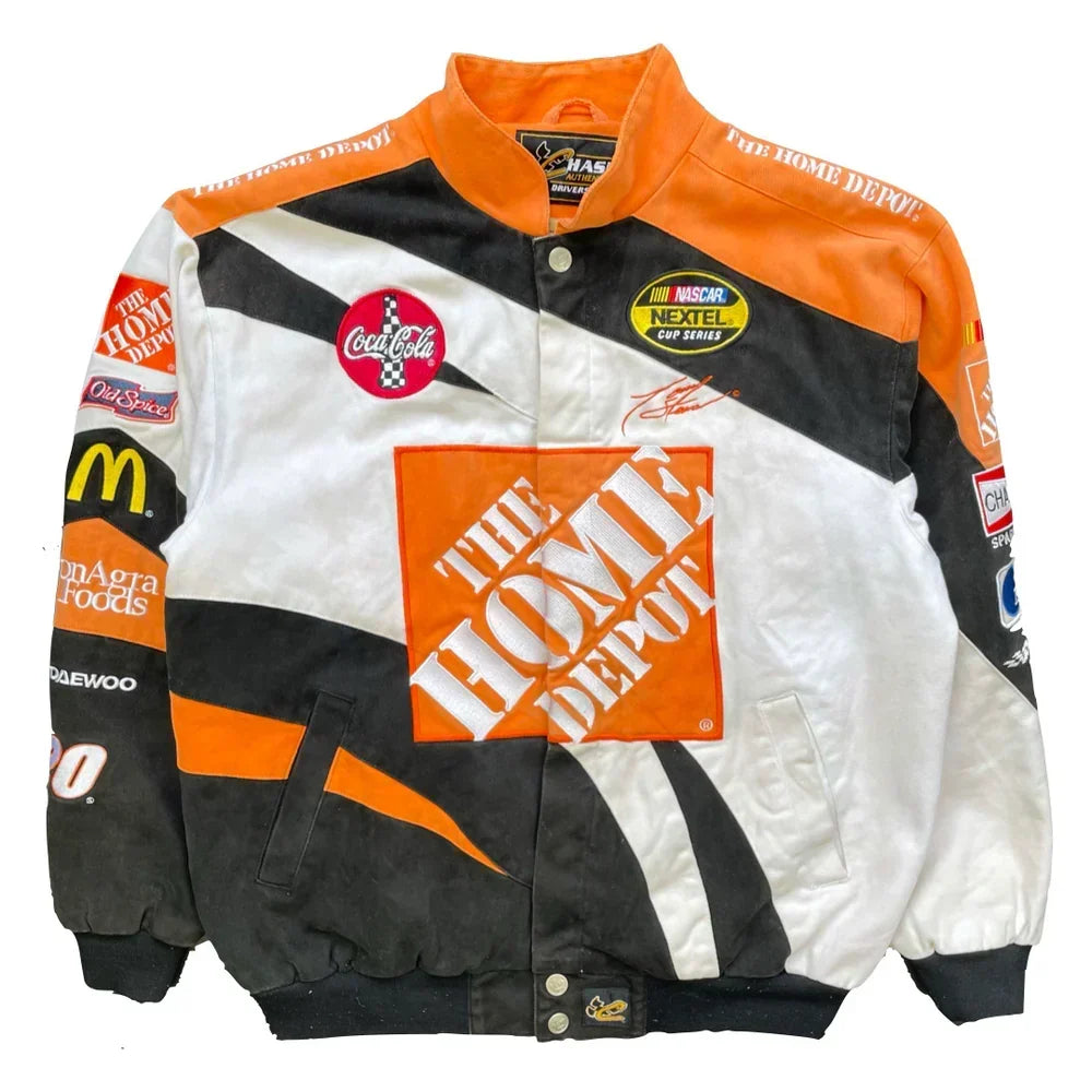 Vintage NASCAR Home Depot racing jacket in orange, black, and white with bold Home Depot graphics, Coca-Cola patch, and retro motorsport details.