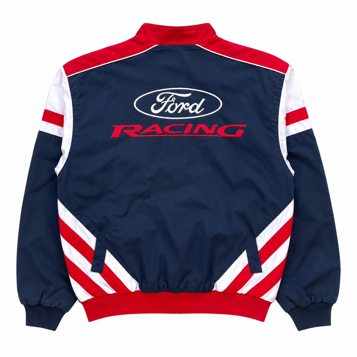 Back view of a navy blue Ford Racing #88 jacket featuring a large Ford Racing logo, red lettering, and classic motorsport graphics.