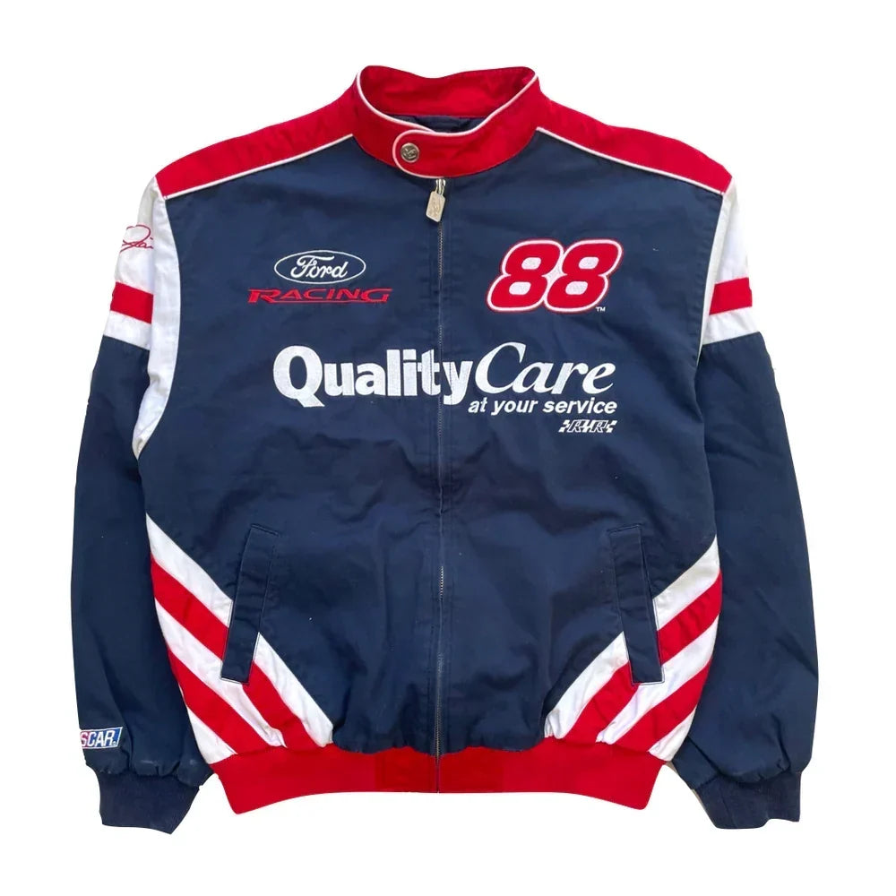 Vintage navy blue Ford Racing #88 jacket featuring red and white racing stripes, QualityCare graphics, and a full-zip front closure on a white background.