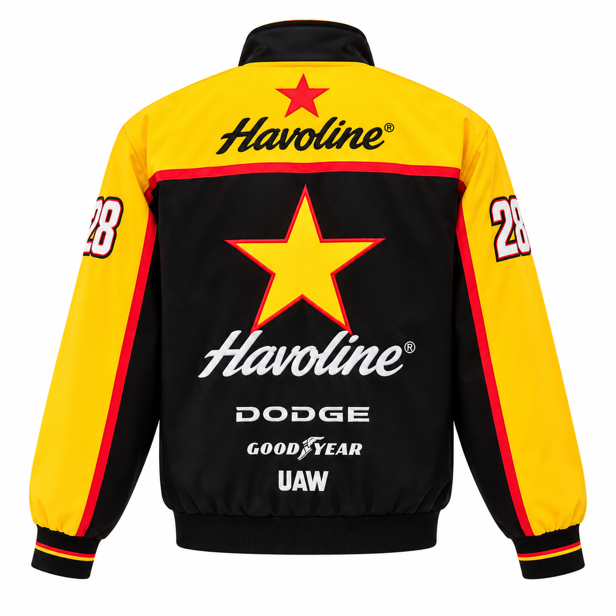 Back view of a yellow and black vintage racing jacket featuring retro motorsport graphics and bold racing details.