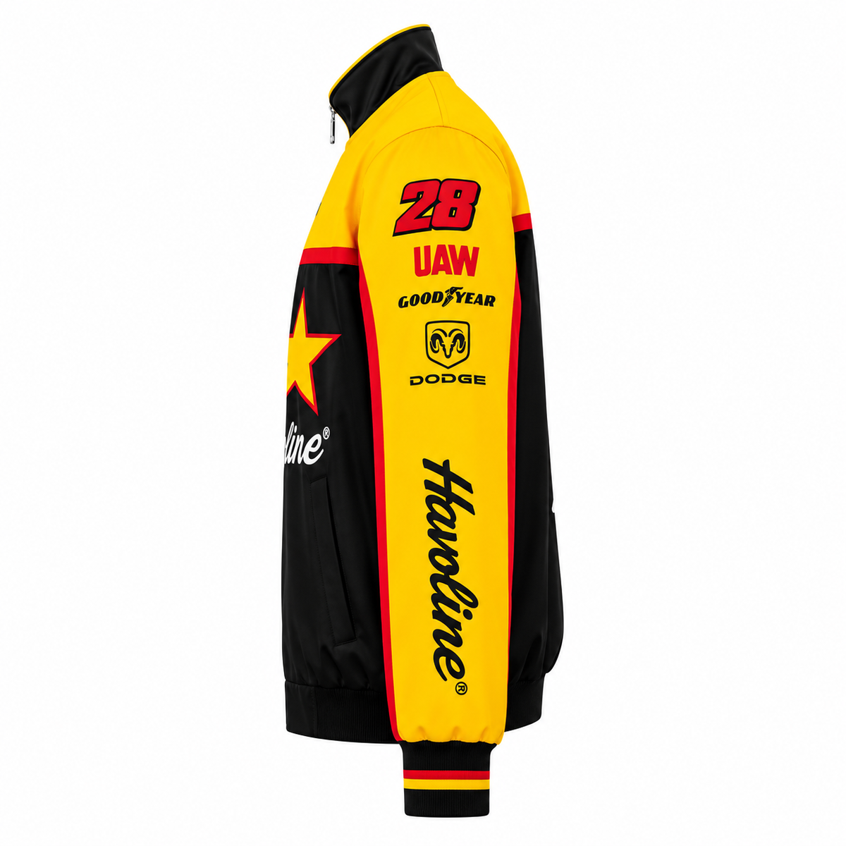 Side view of a yellow and black retro racing bomber jacket with red trim, racing graphics, and striped ribbed cuffs.