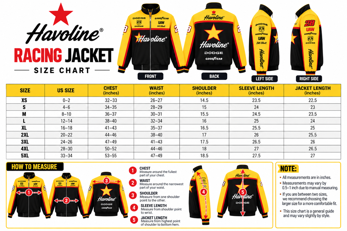 Vintage racing jacket size chart showing sizes XS to 5XL with garment measurement guidance.