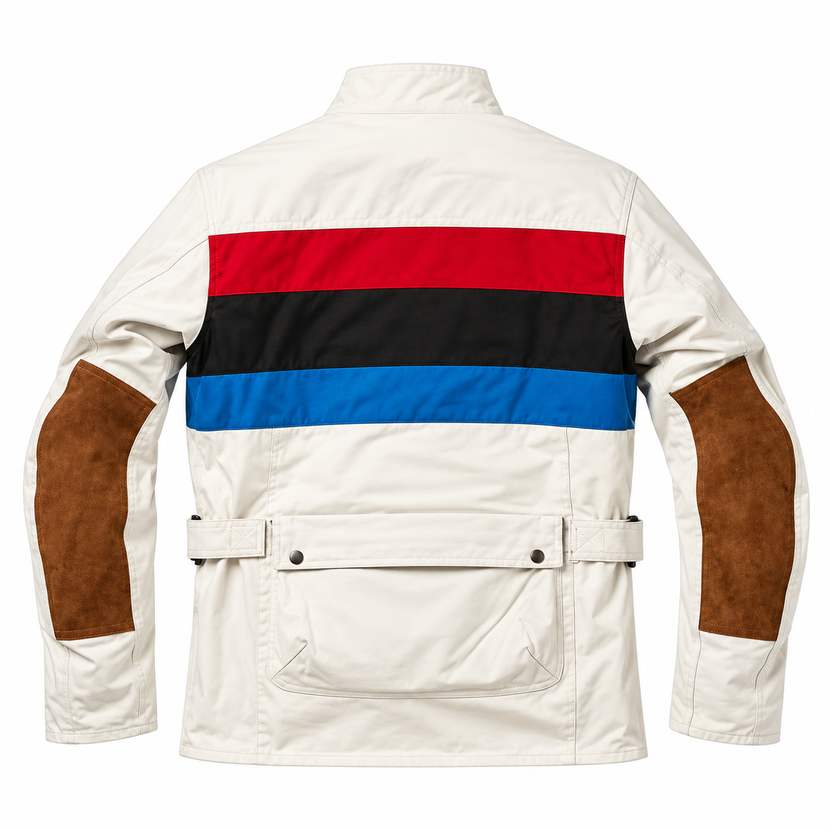 Back view of a cream vintage rally jacket featuring red, black, and blue shoulder stripes, brown elbow panels, and an adjustable waist strap.