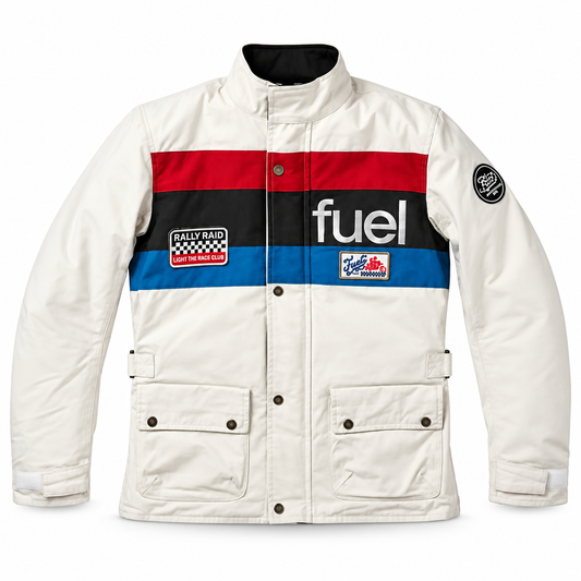 Front view of a cream vintage rally racing jacket featuring red, black, and blue racing stripes, utility pockets, and brown elbow panels.