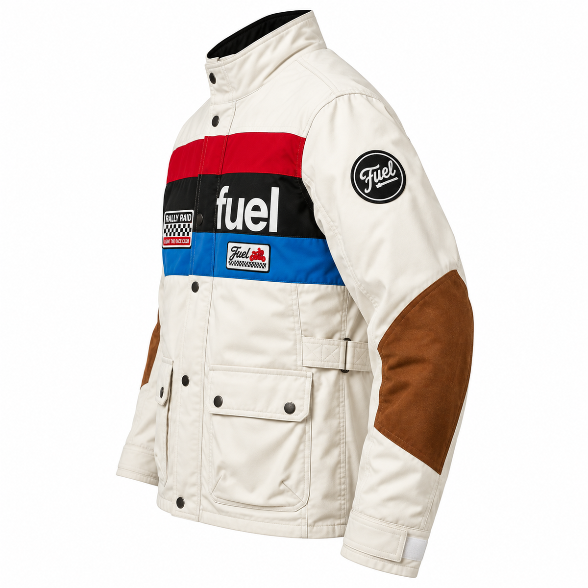 Side view of a cream motorsport racing jacket with colorful racing stripes, brown elbow patches, snap-button closure, and utility details.