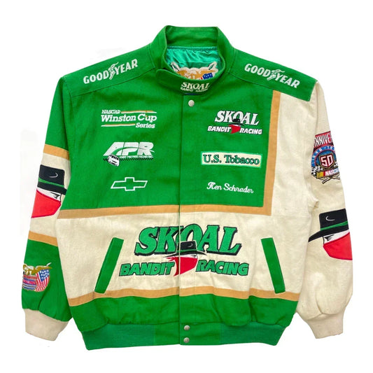 Vintage green and cream SKOAL Bandit racing jacket featuring gold stripes, embroidered racing graphics, sponsor patches, and a front button closure on a white background.