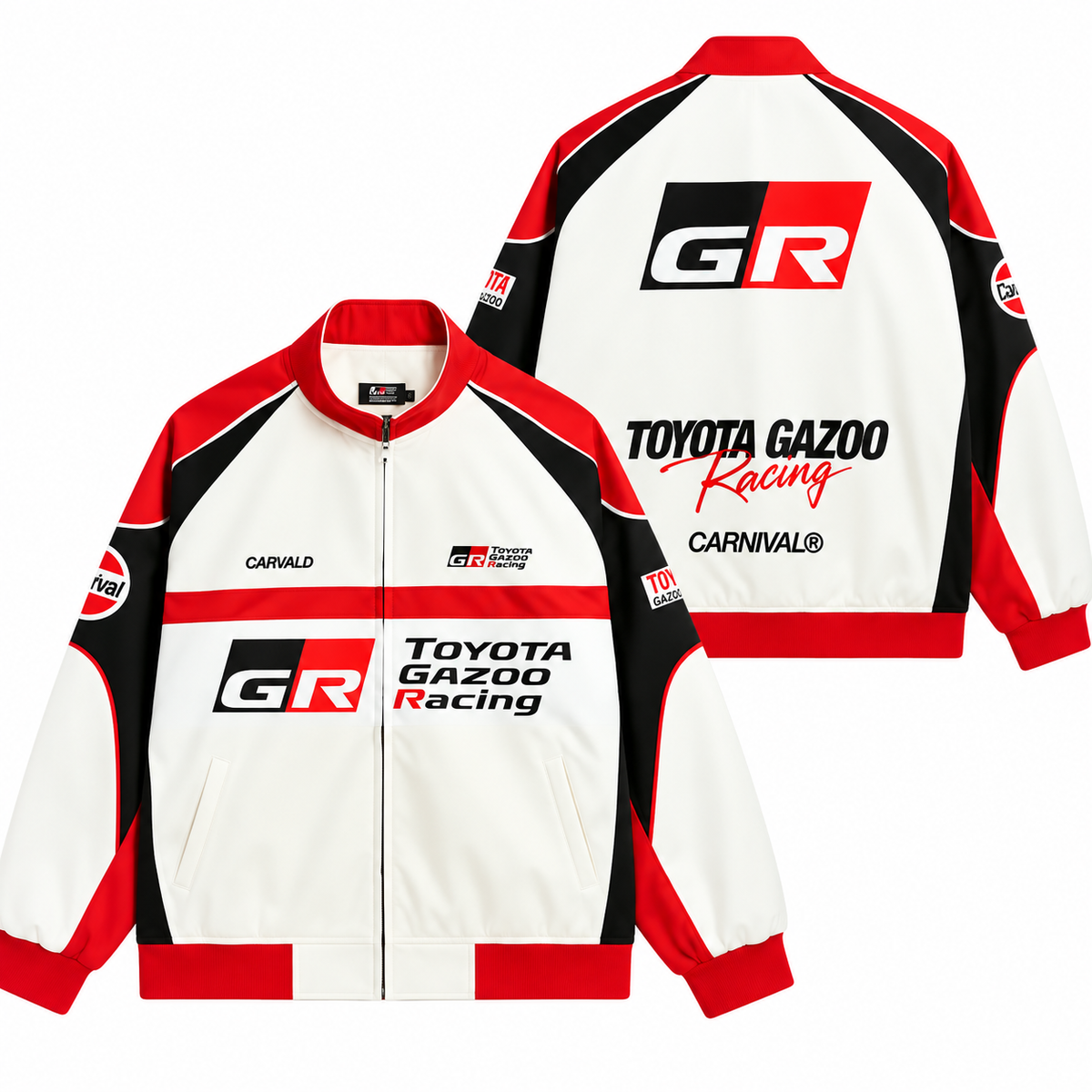 Back view of a white retro racing jacket featuring black and red panels, motorsport graphics, and a sporty track-inspired design.