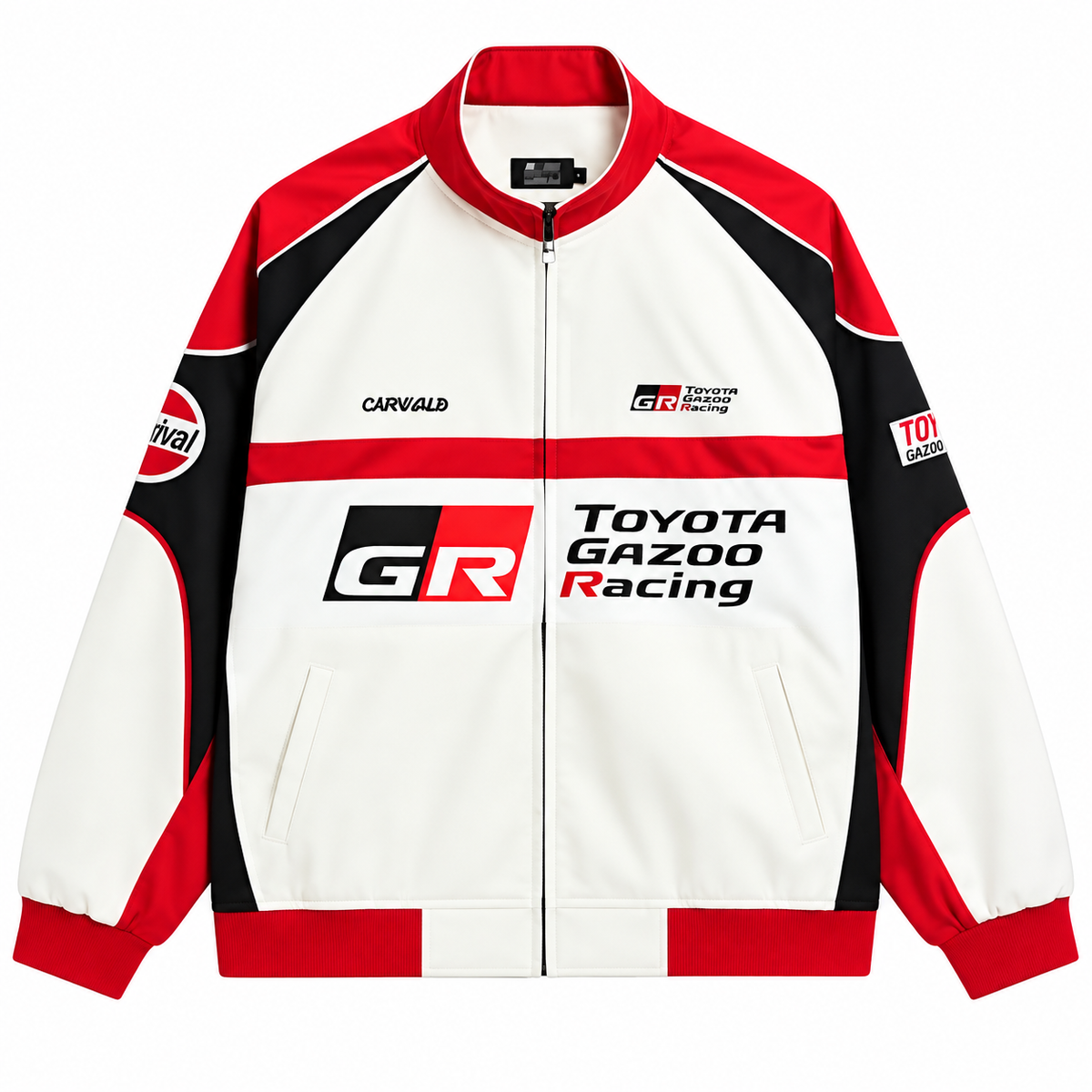 Front view of a white motorsport racing jacket featuring black and red color-block panels, racing graphics, and a full zip closure.