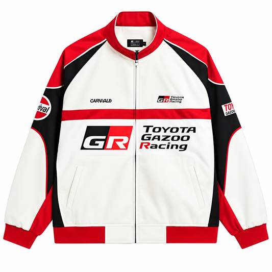 Front view of a white motorsport racing jacket featuring black and red color-block panels, racing graphics, and a full zip closure.