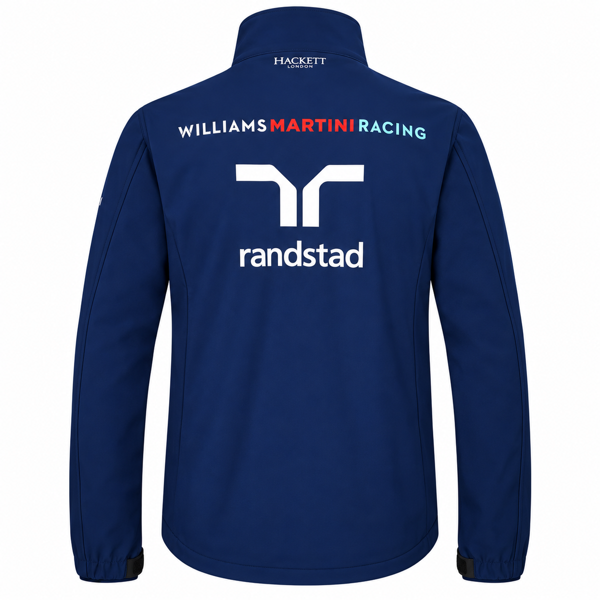 Back view of a navy blue Williams Martini Racing jacket with racing team graphics, white Randstad branding, and a high collar on a white background.
