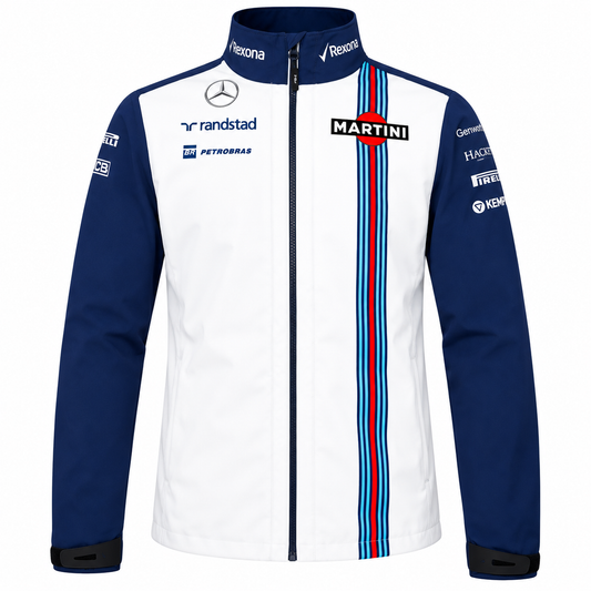 Navy blue and white Williams Martini Racing motorsport jacket with red and light blue racing stripes, full front zipper, high collar, and sponsor details on a white background.