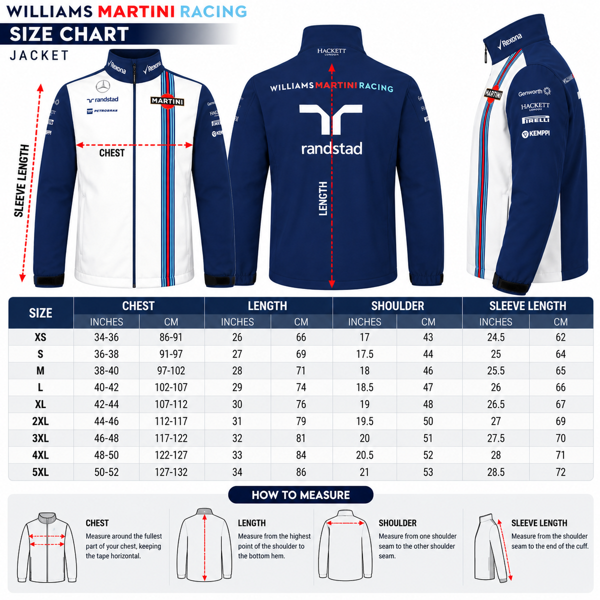 Williams Martini Racing jacket size chart showing XS to 5XL sizes, chest, length, shoulder and sleeve measurements, with a how-to-measure guide.