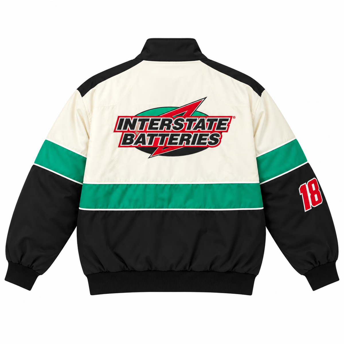Back view of women's vintage racing jacket with black, green, and white color blocking and retro racing graphics.