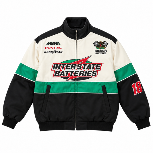 Women's vintage racing jacket in black, green, and white with retro motorsport graphics, striped sleeves, and front zipper.