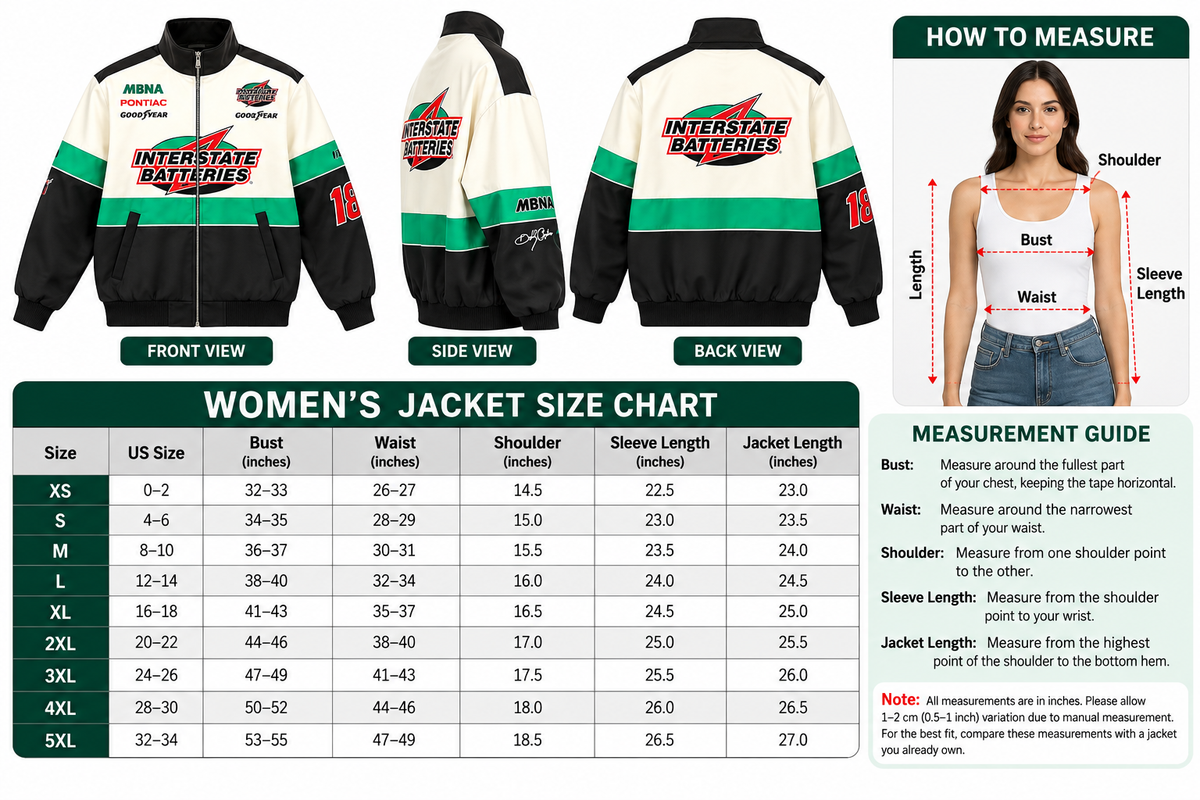 Women's vintage racing jacket size chart showing available sizes and garment measurement guidance.